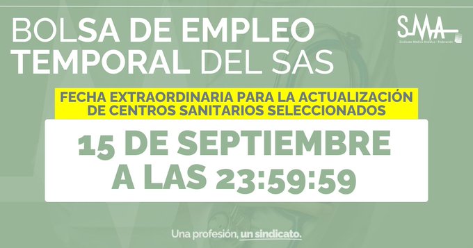 Comunicado en relación con la fecha extraordinaria para la actualización de centros sanitarios seleccionados en la bolsa de empleo temporal del SAS